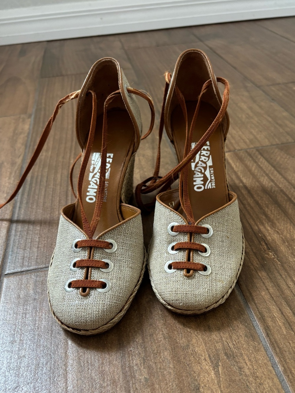 Salvatore Ferragamo Jute Fabric and Leather Espadrille Wedge Pumps Size 8